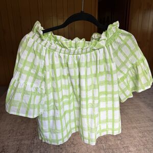 Brooke Wright Coco Top Green White Smocked Neck Bell XS/S Sleeve Off Shoulder